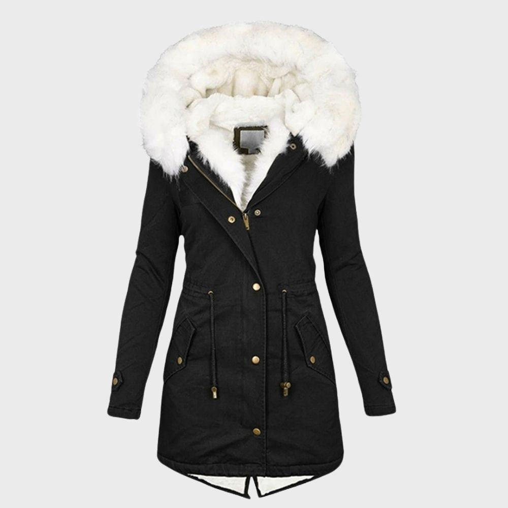 Adeline faux fur hood winter parka in black, front view