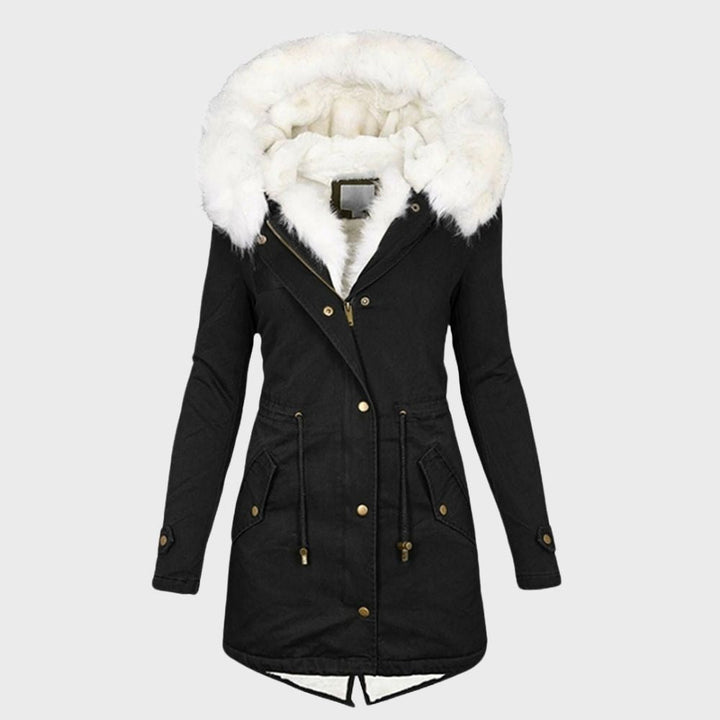 Adeline faux fur hood winter parka in black, front view