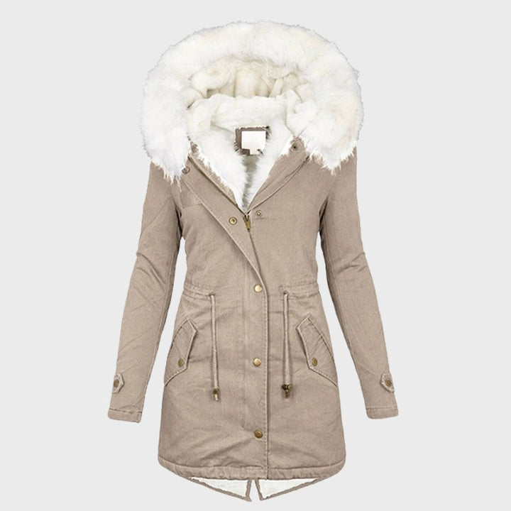 Adeline faux fur hood winter parka in beige, front view