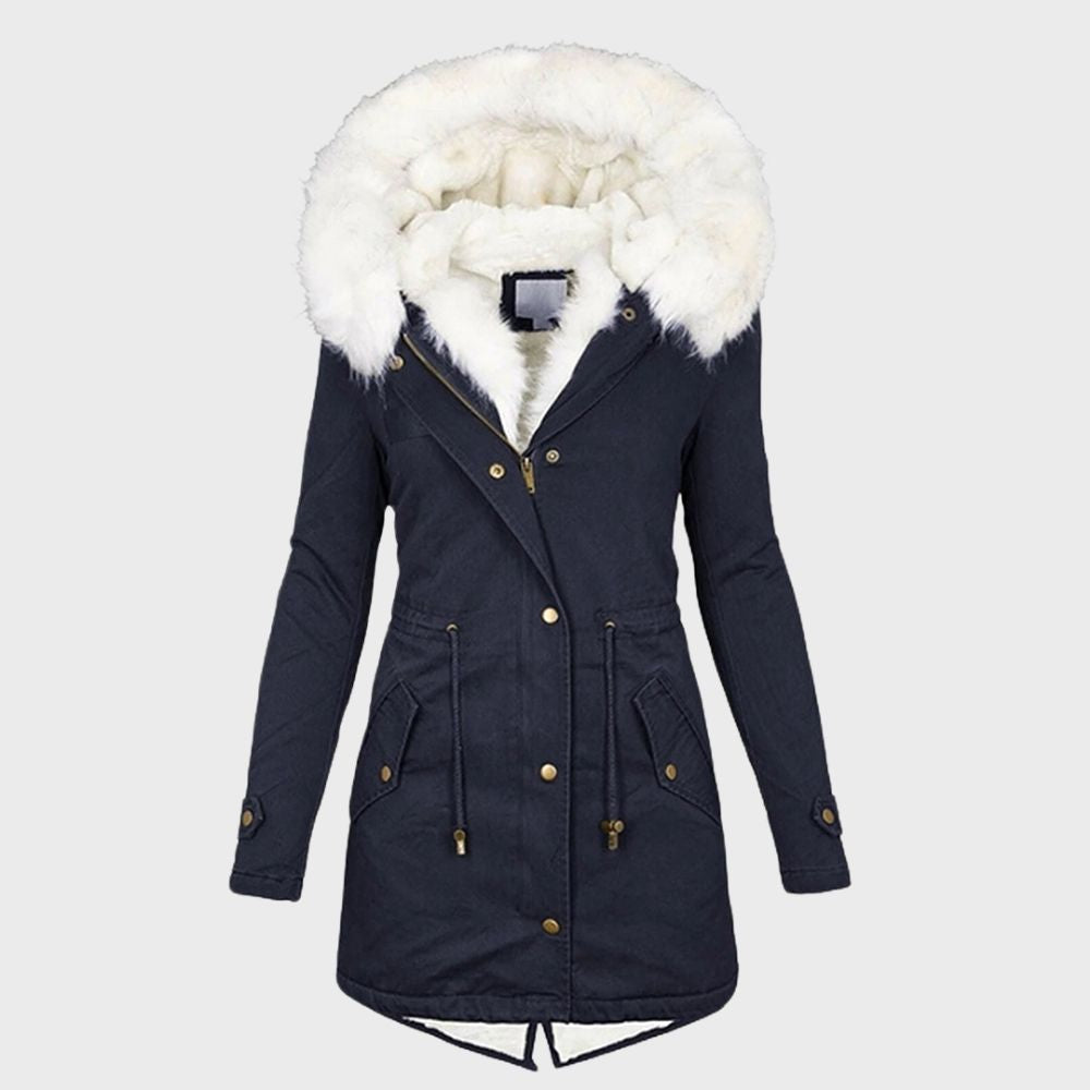 Adeline faux fur hood winter parka in navy, front view