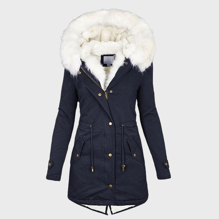 Adeline faux fur hood winter parka in navy, front view