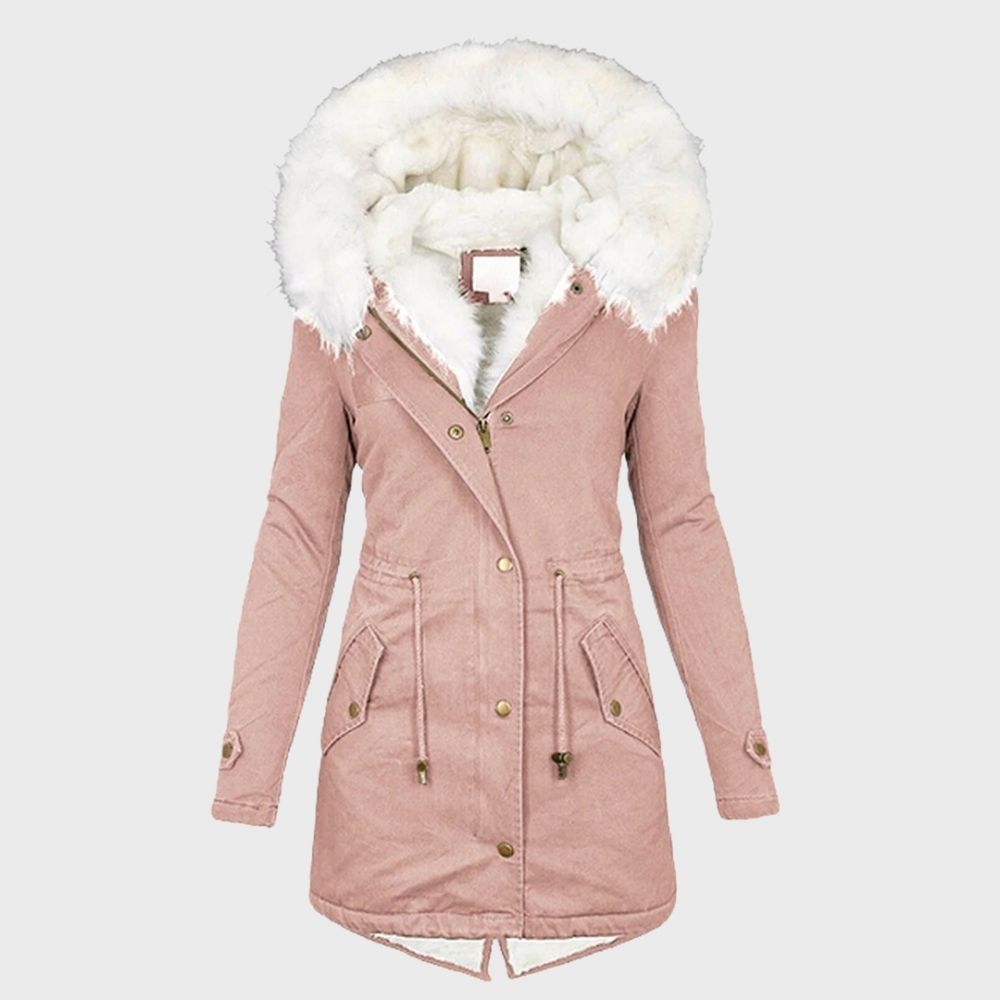 Adeline faux fur hood winter parka in pink, front view