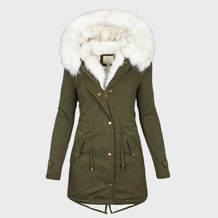 Adeline faux fur hood winter parka in olive green, front view