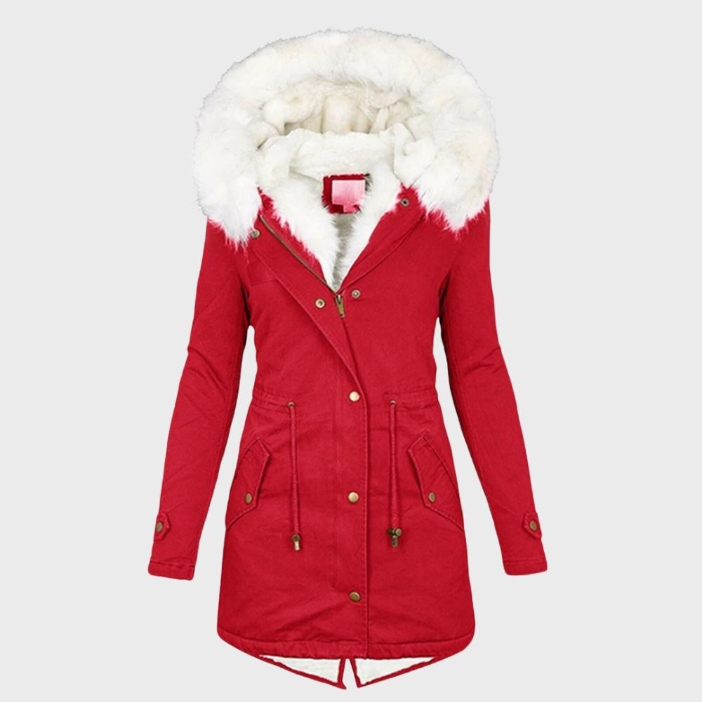 Adeline faux fur hood winter parka in red, front view