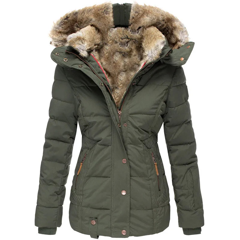 Adeline hooded faux fur puffer winter coat, front view in olive green