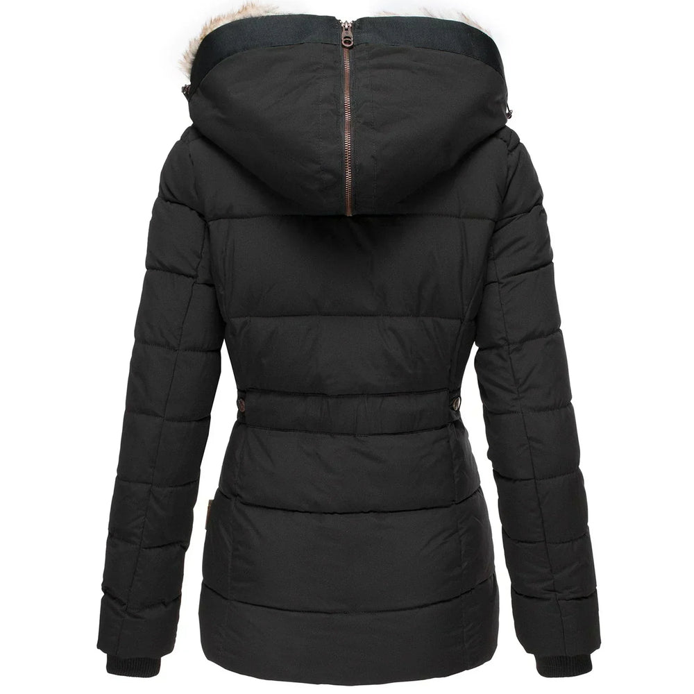 Adeline puffer winter coat, back view in black