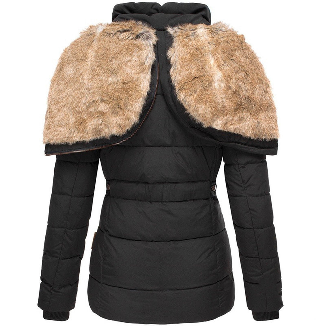 Adeline puffer coat with detachable faux fur hood, back view in black