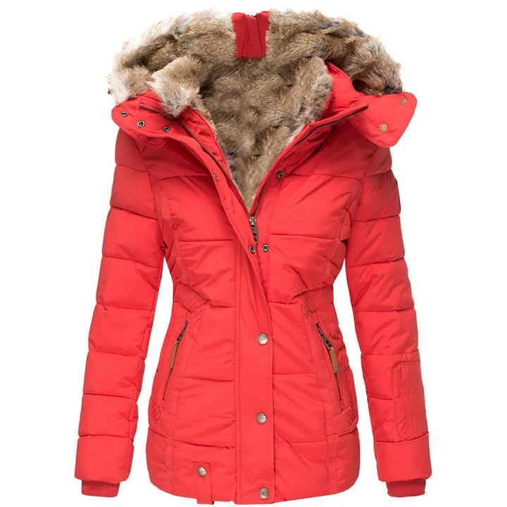Adeline hooded faux fur puffer winter coat, front view in red