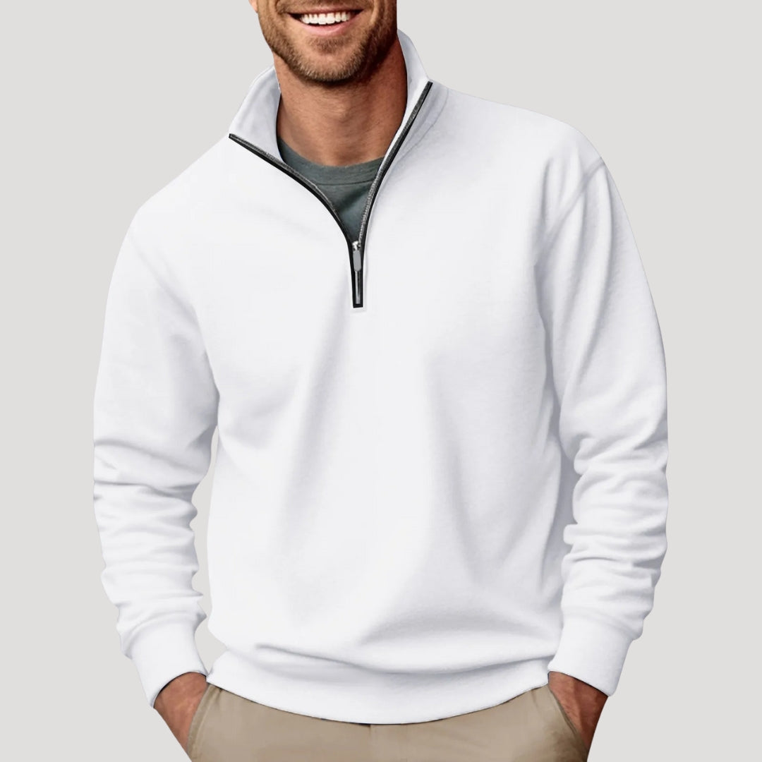 Bennett classic quarter-zip pullover in white, front view