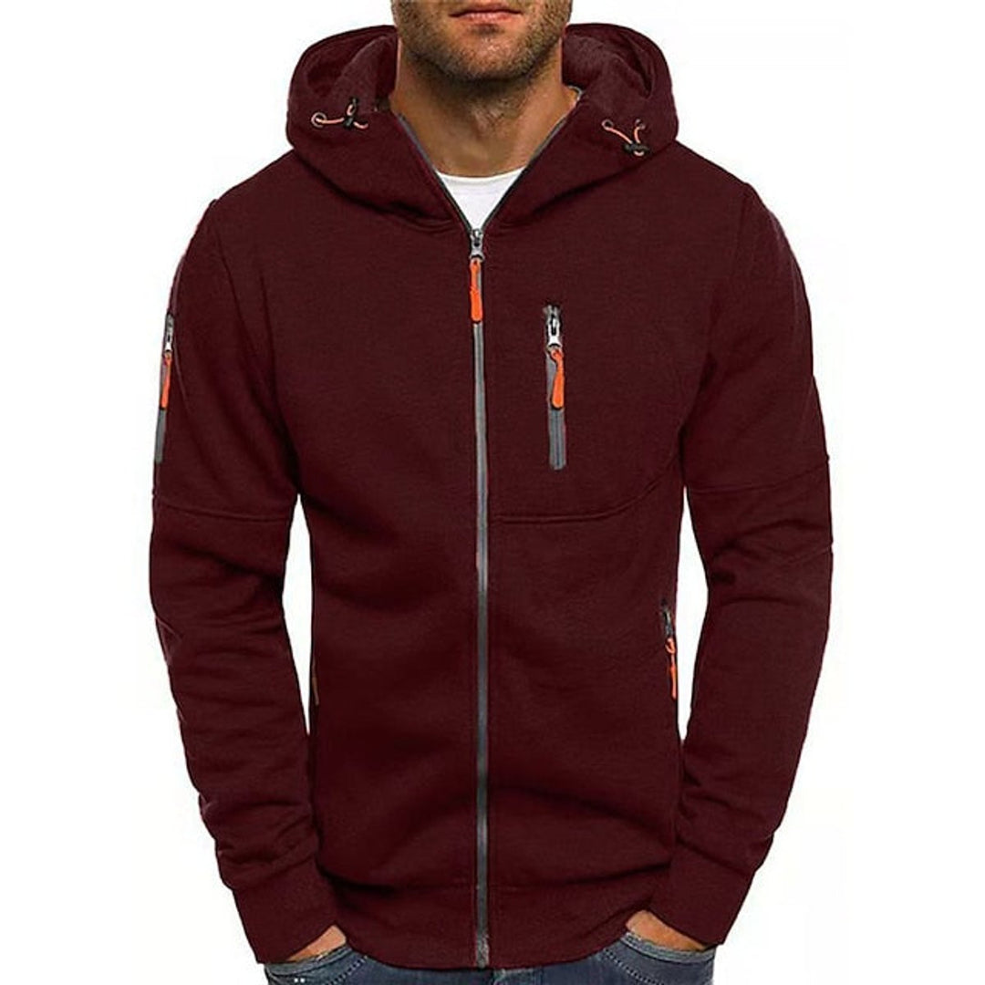 Bennett burgundy full-zip drawstring hooded sweater, front view