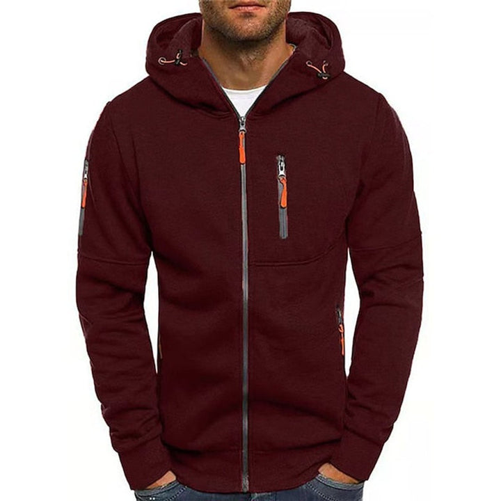 Bennett burgundy full-zip drawstring hooded sweater, front view