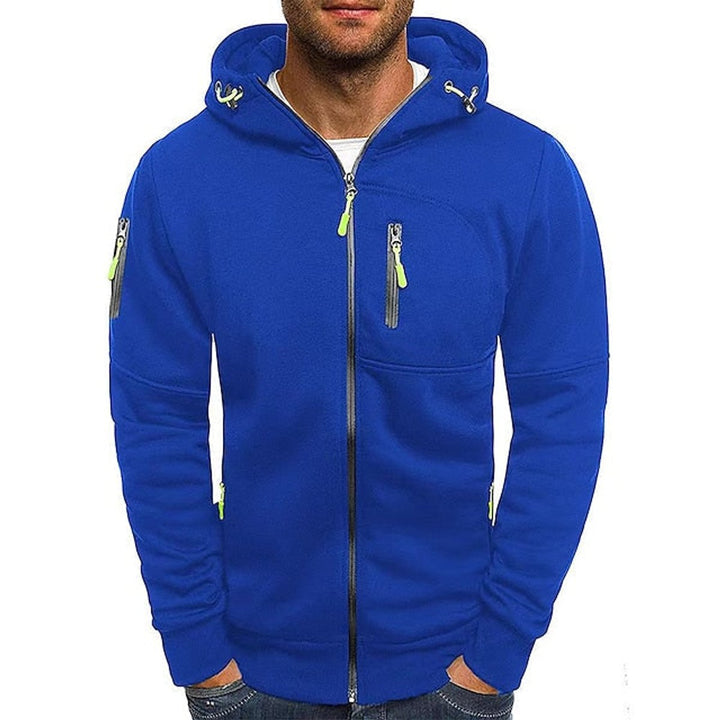 Bennett blue full-zip drawstring hooded sweater, front view