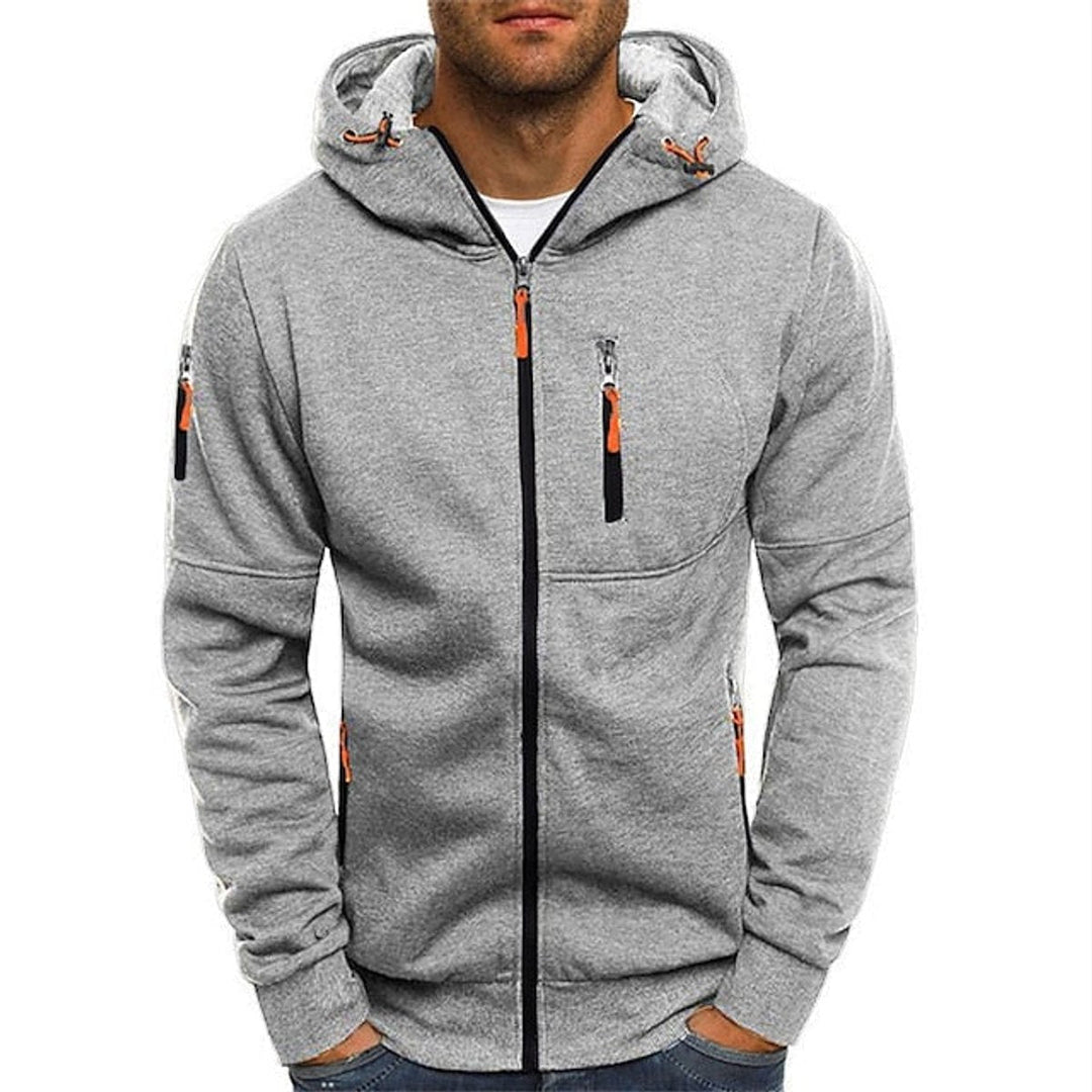 Bennett light gray full-zip drawstring hooded sweater, front view