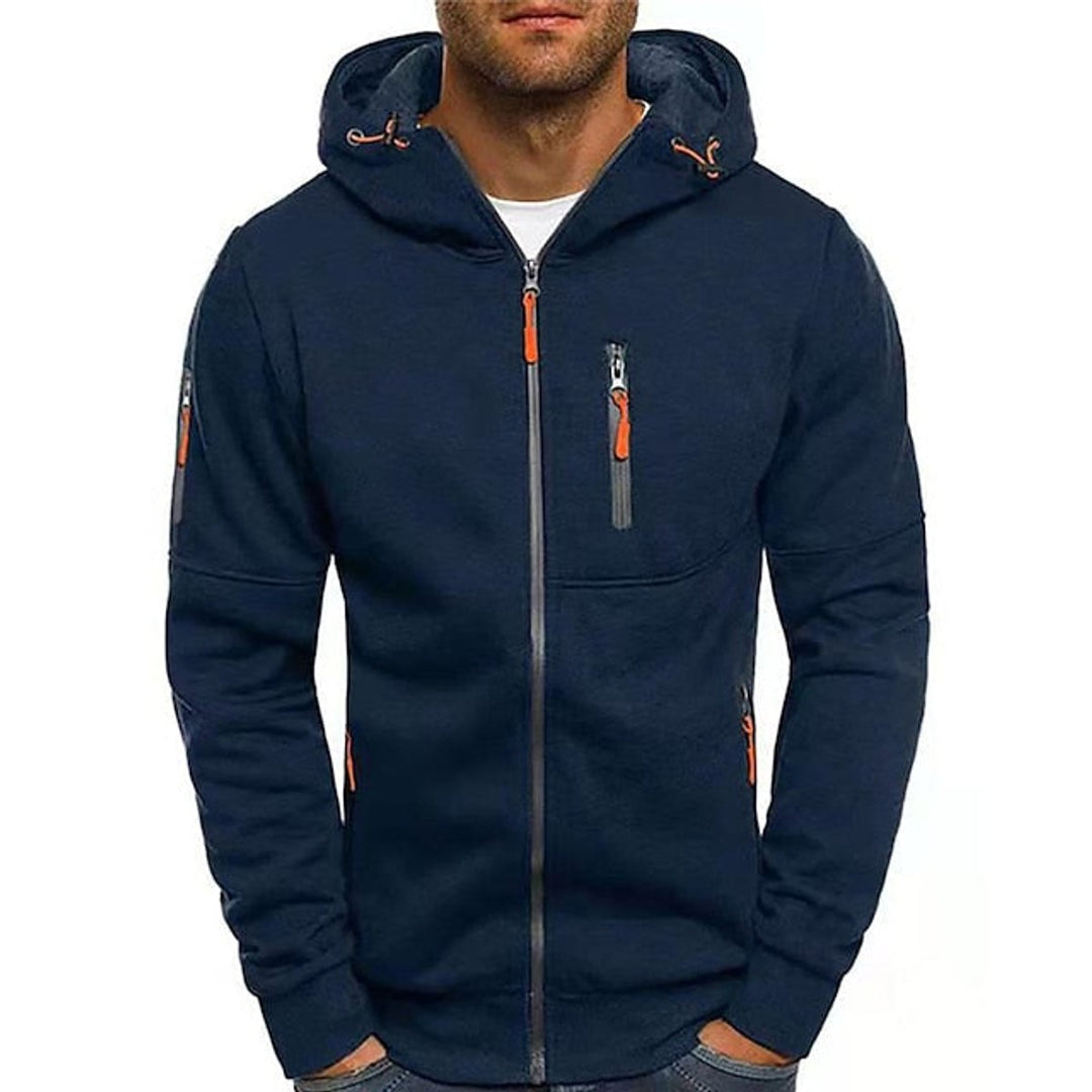 Bennett navy full-zip drawstring hooded sweater, front view