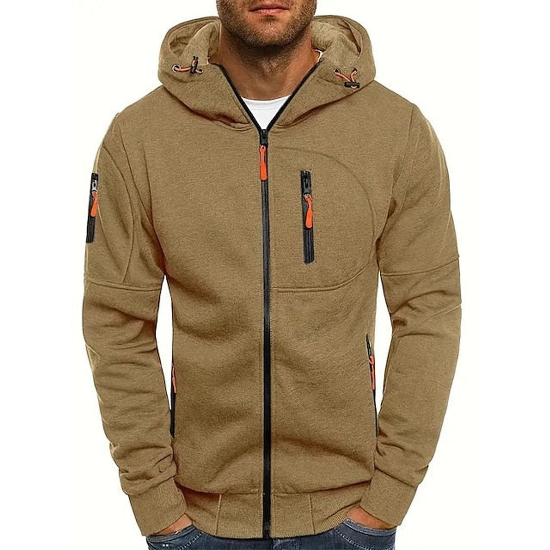 Bennett khaki full-zip drawstring hooded sweater, front view