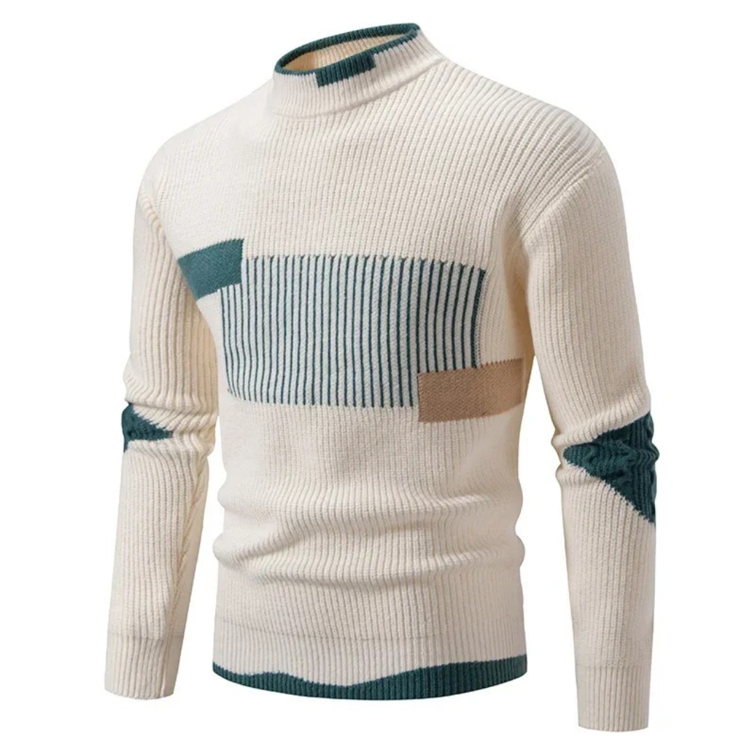 Bennett cream geometric colorblock mock neck sweater, front angled view