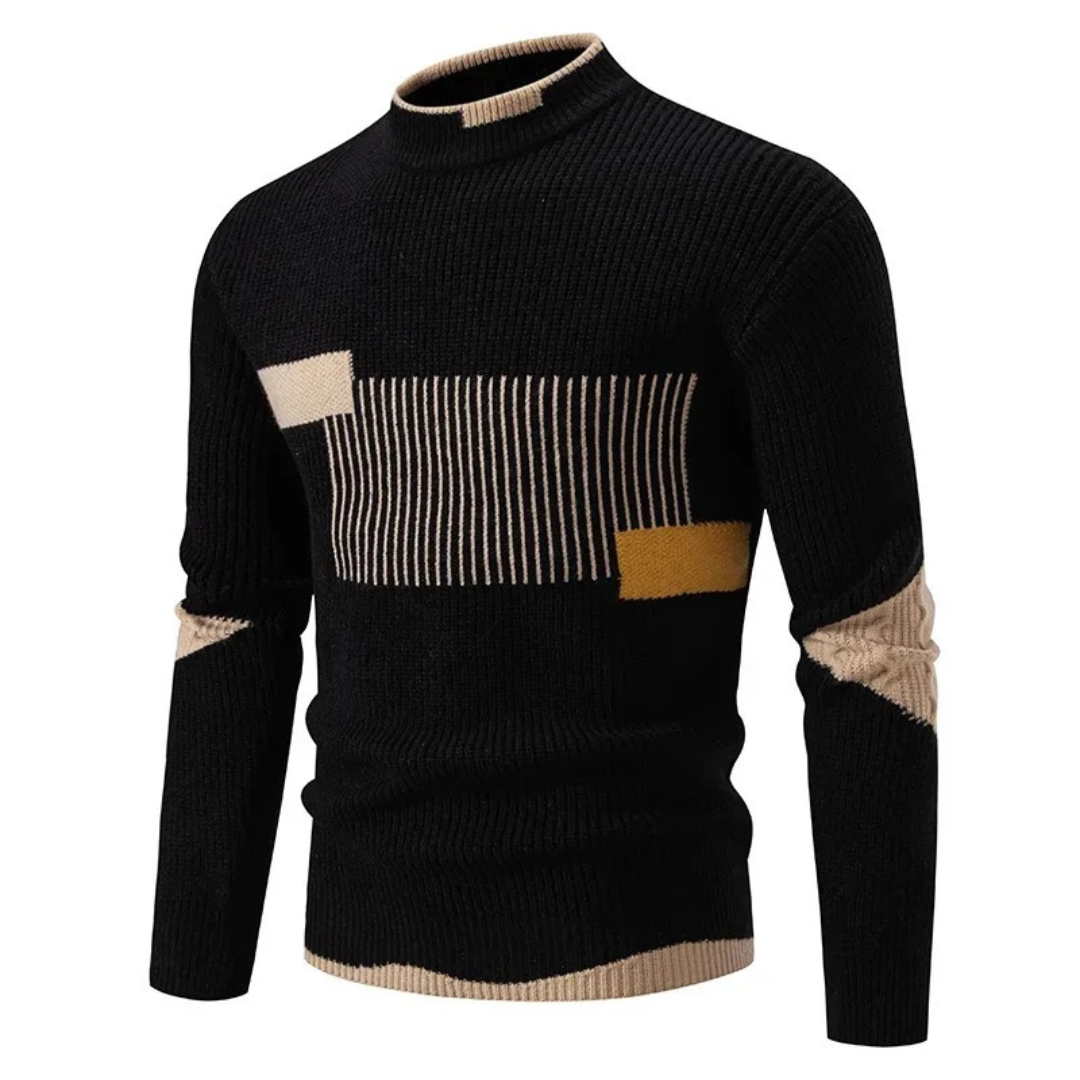 Bennett black geometric colorblock mock neck sweater, front angled view