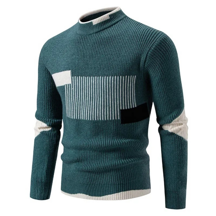 Bennett green geometric colorblock mock neck sweater, front angled view