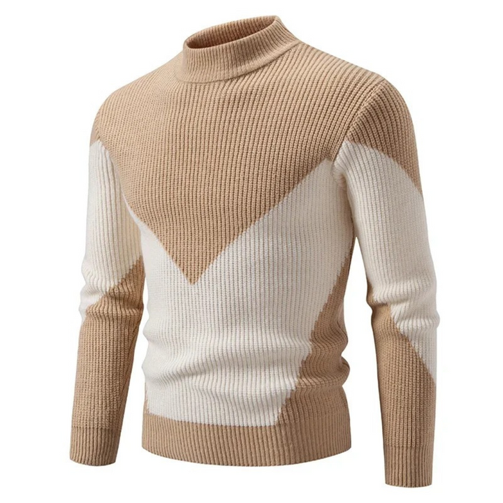 Bennett beige diamond pattern mock neck sweater, front angled view