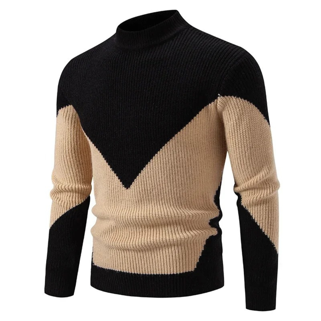 Bennett black diamond pattern mock neck sweater, front angled view