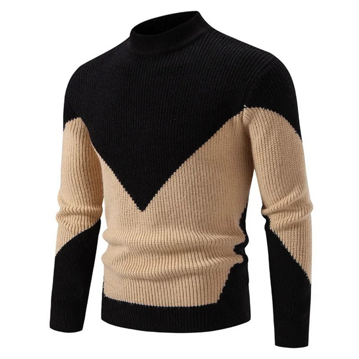 Bennett black diamond pattern mock neck sweater, front angled view