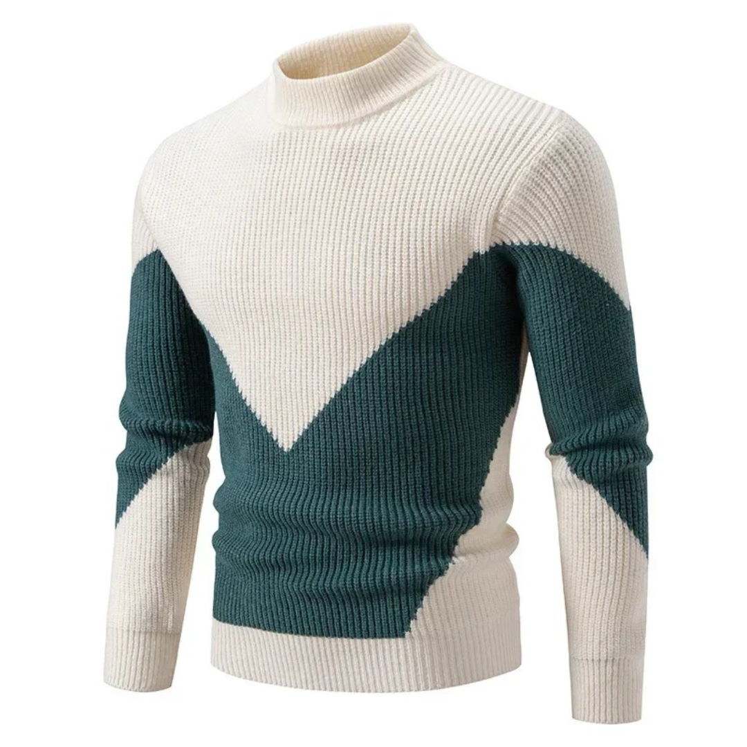 Bennett white diamond pattern mock neck sweater, front angled view
