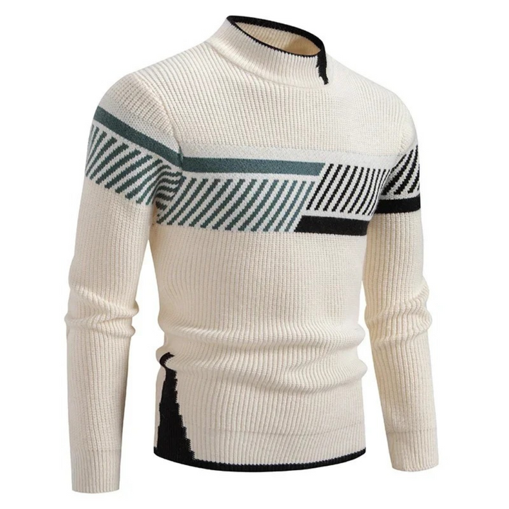Bennett cream striped pattern mock neck sweater, front angled view