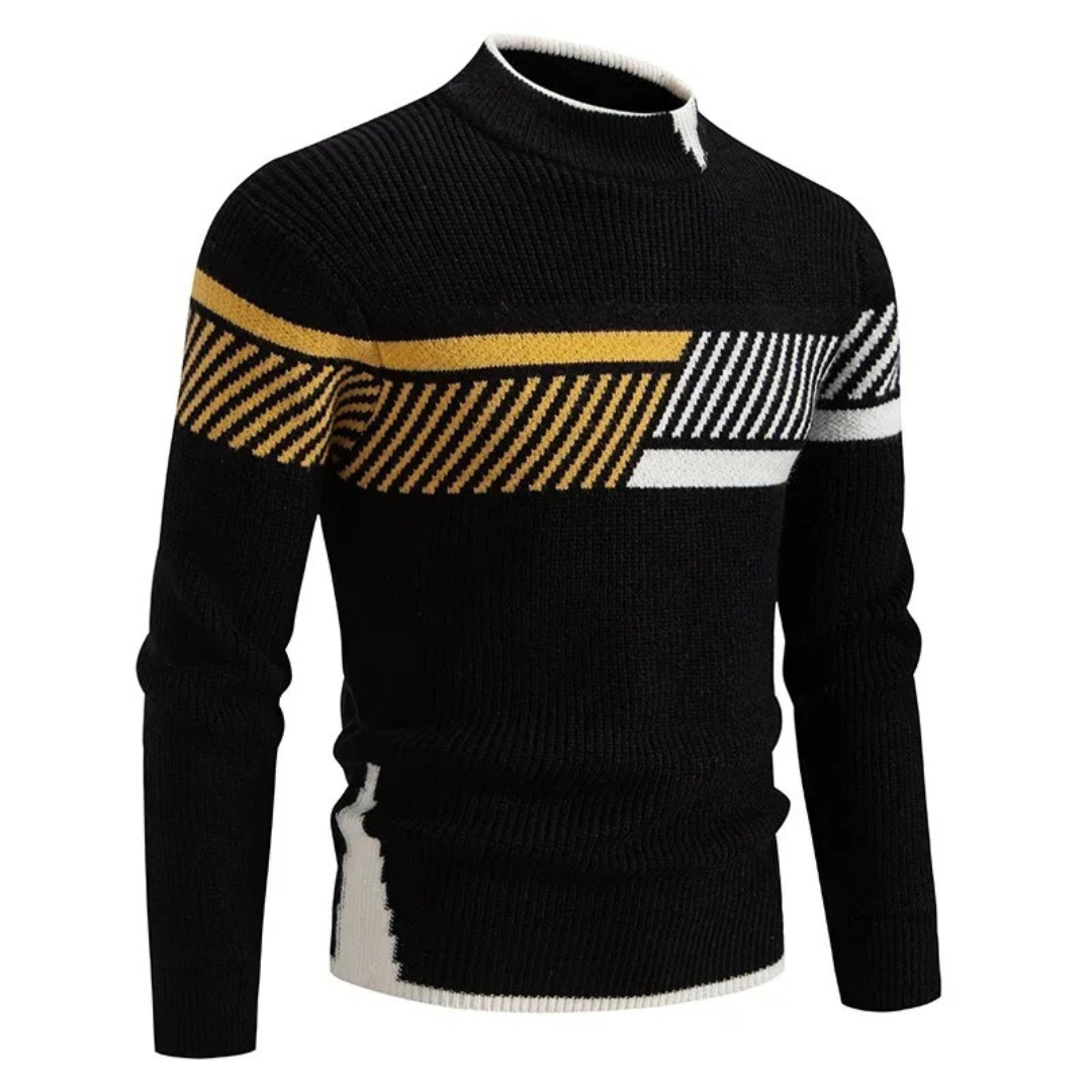 Bennett black striped pattern mock neck sweater, front angled view
