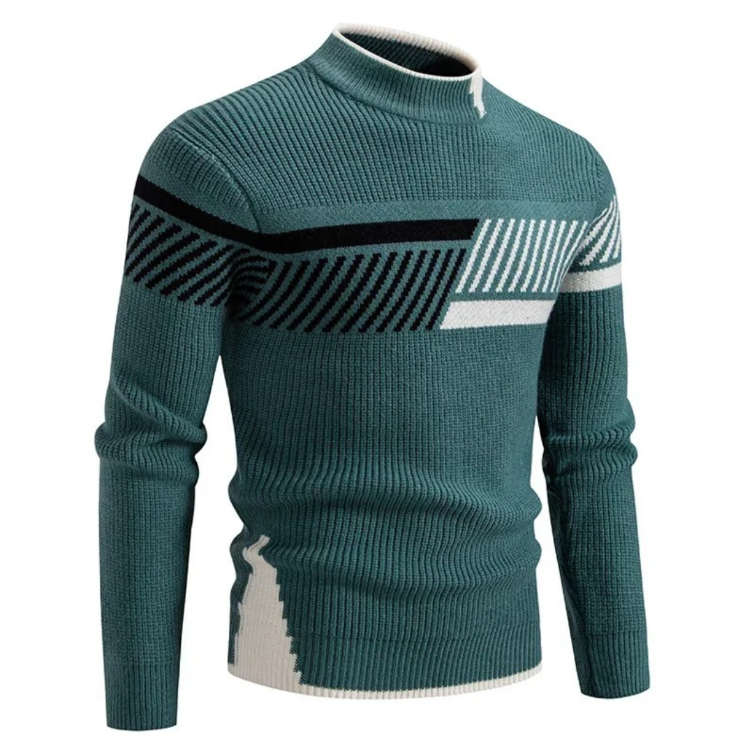 Bennett green striped pattern mock neck sweater, front angled view