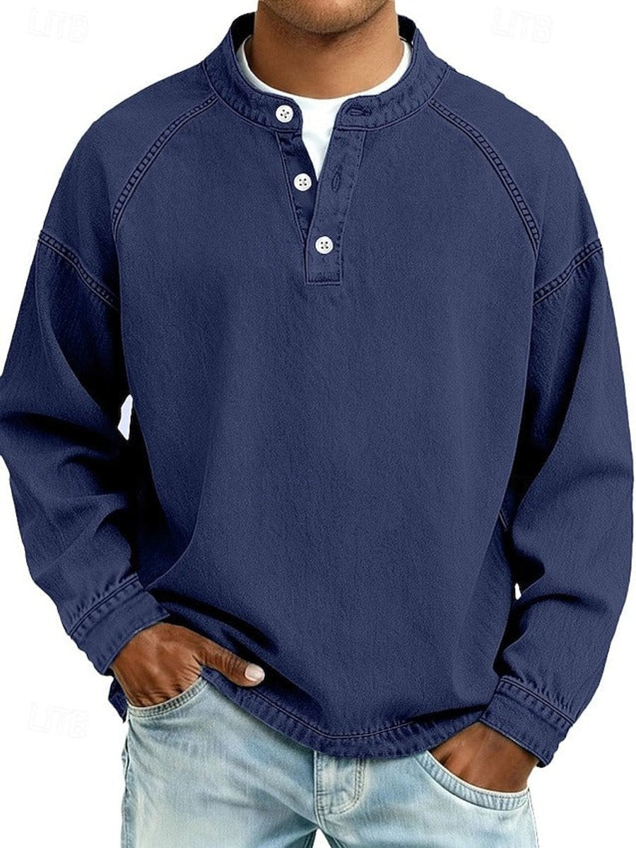 Bennett royal blue henley raglan sleeve pullover, front view