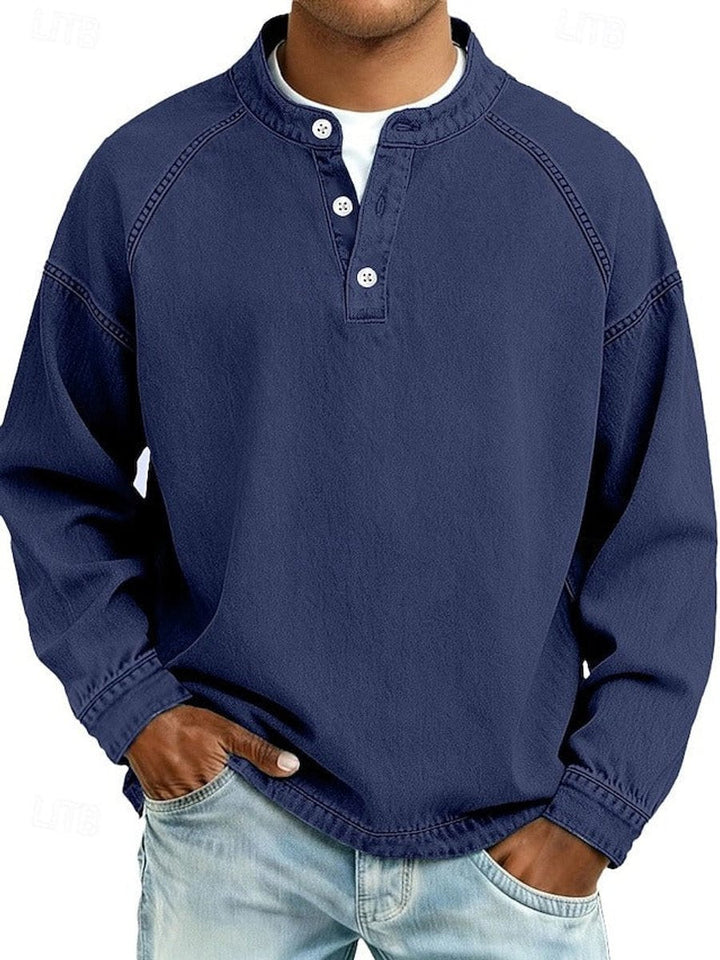 Bennett royal blue henley raglan sleeve pullover, front view