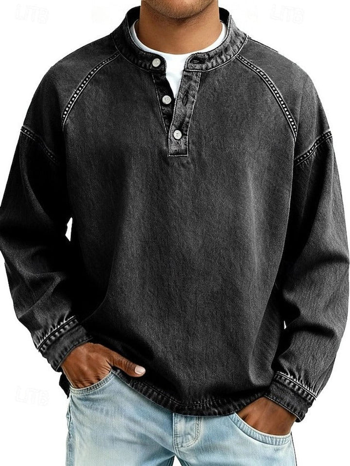 Bennett black henley raglan sleeve pullover, front view