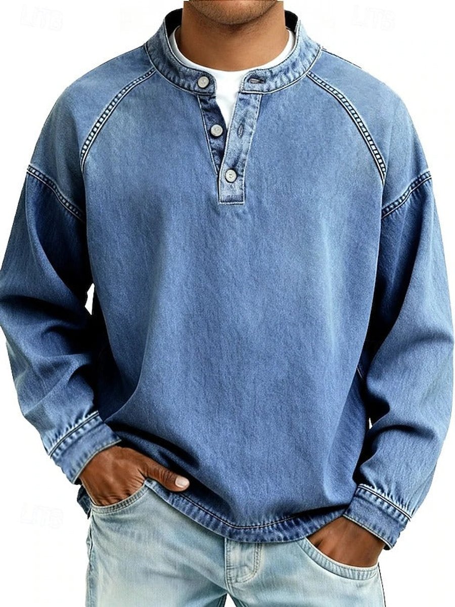 Bennett light blue henley raglan sleeve pullover, front view