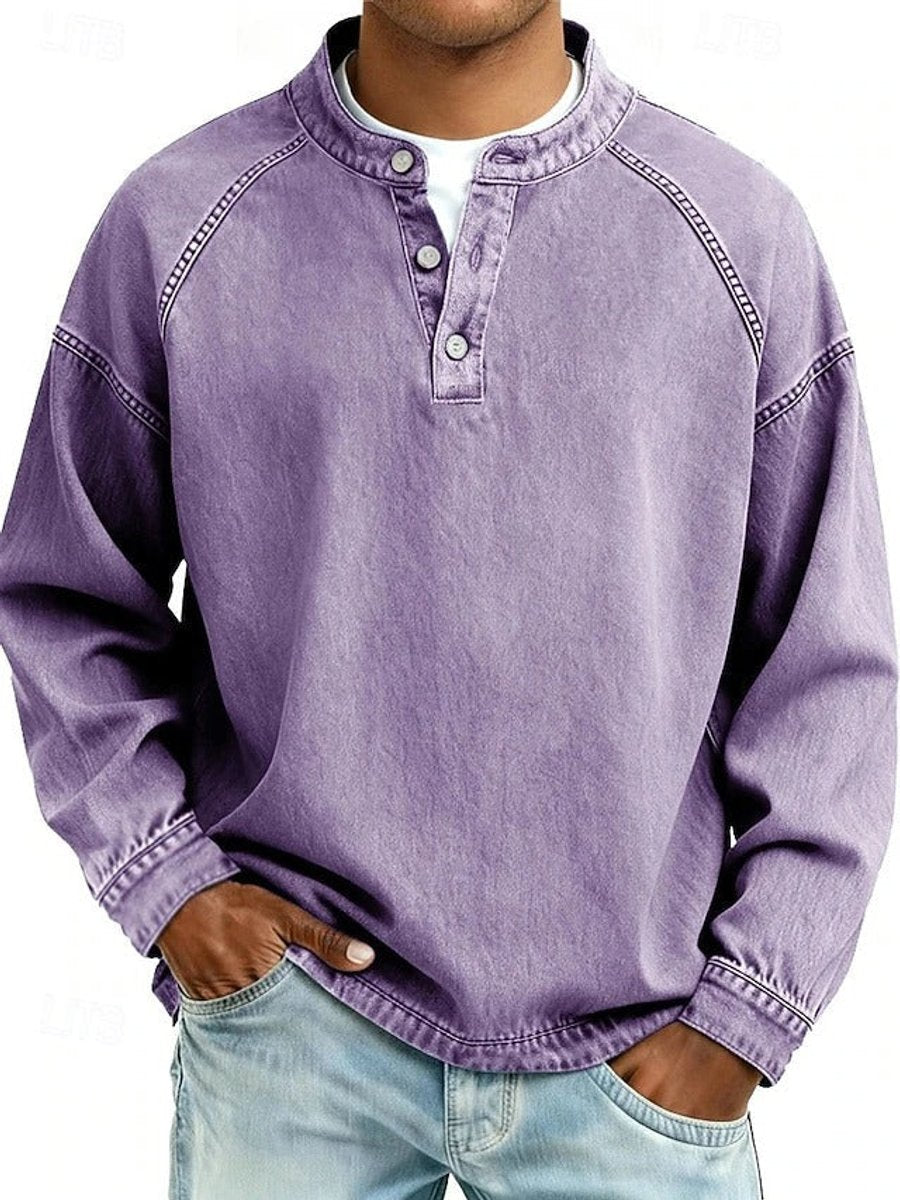 Bennett purple henley raglan sleeve pullover, front view