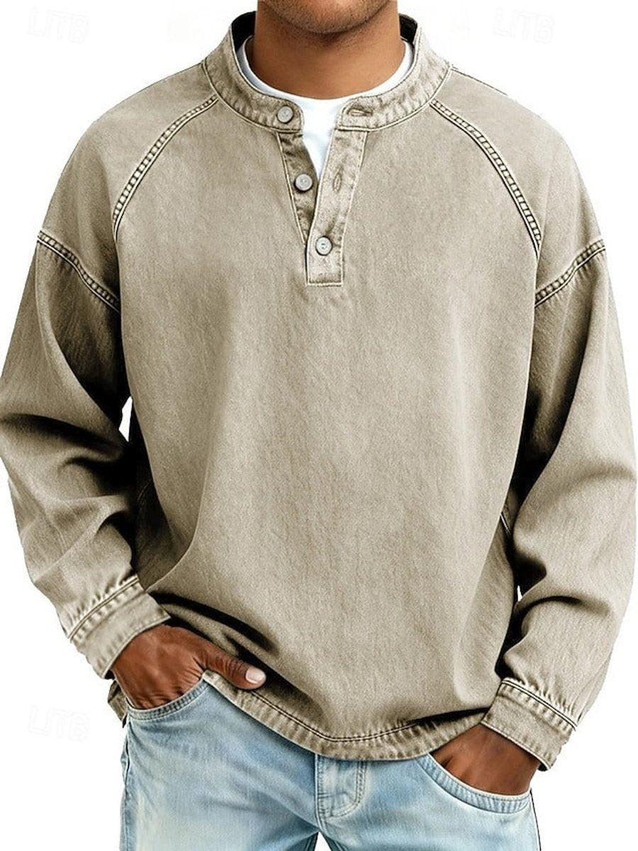 Bennett khaki henley raglan sleeve pullover, front view