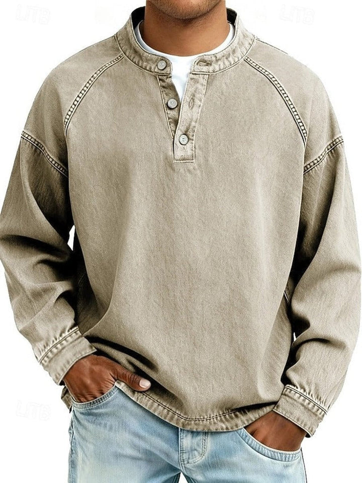 Bennett khaki henley raglan sleeve pullover, front view