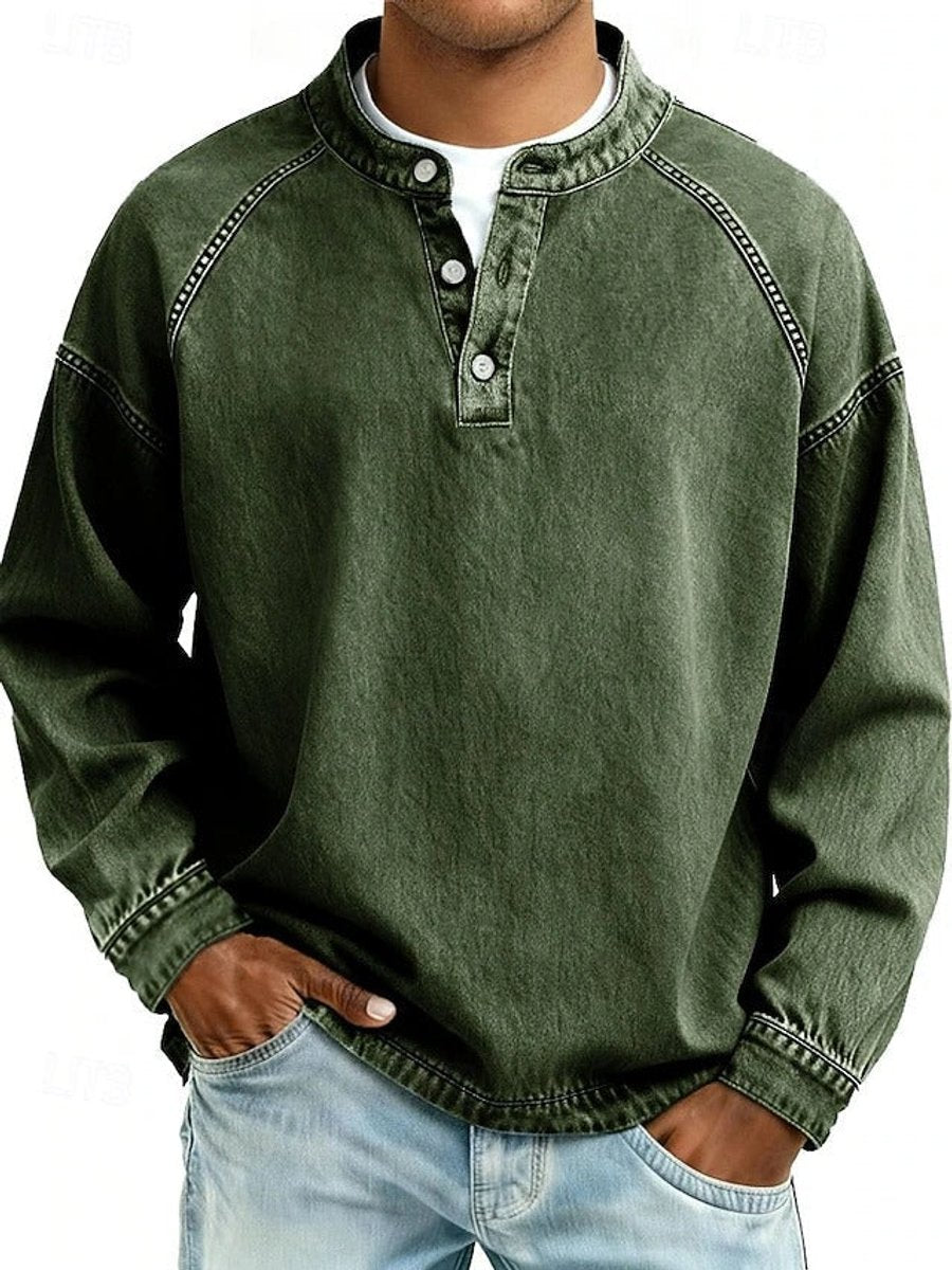 Bennett dark green henley raglan sleeve pullover, front view
