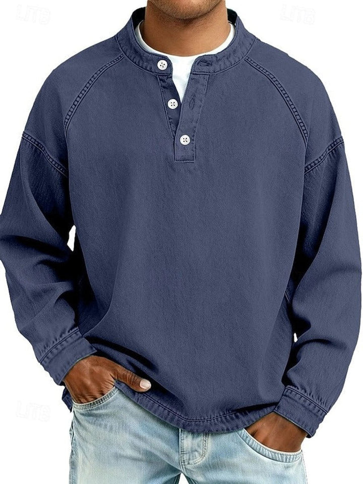 Bennett navy henley raglan sleeve pullover, front view