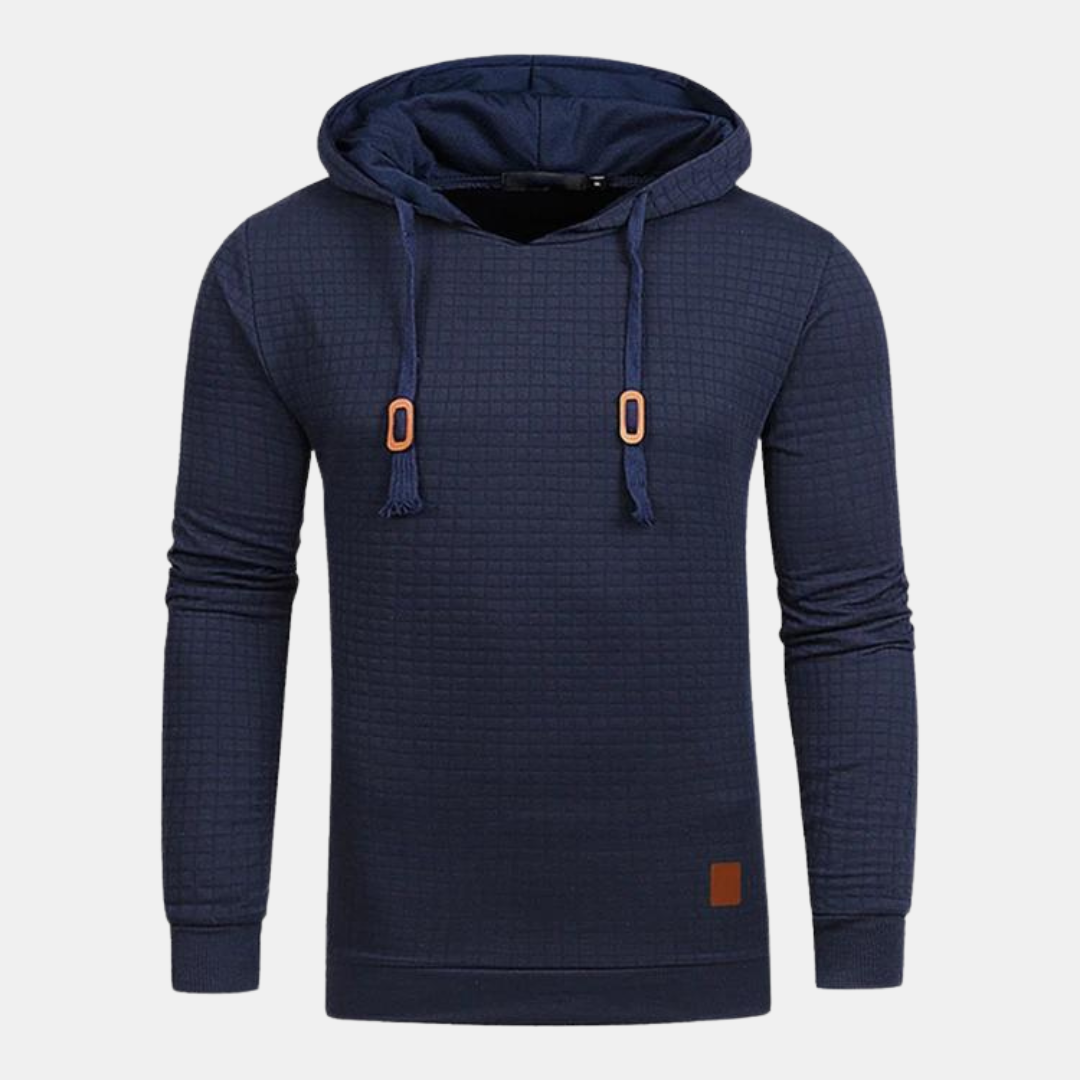 Bennett textured knit hooded sweater in navy blue, front view