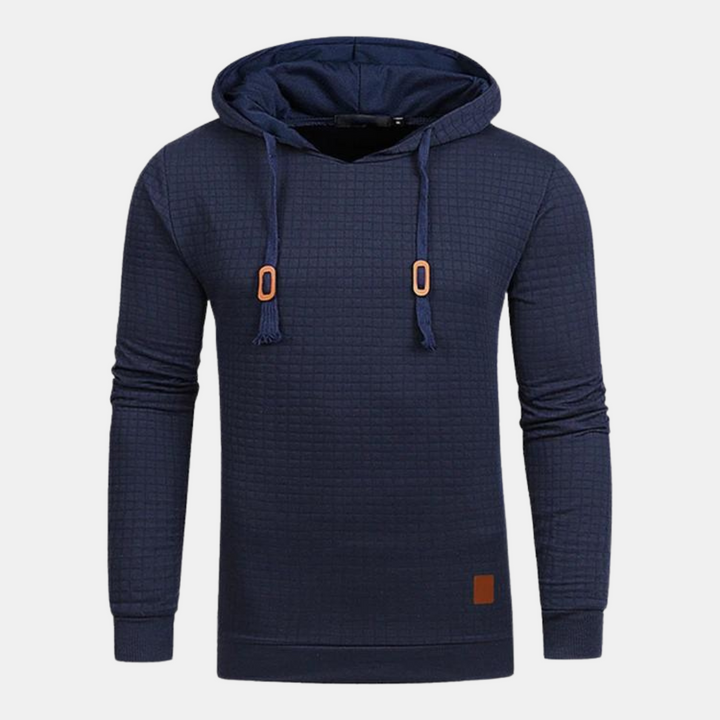 Bennett textured knit hooded sweater in navy blue, front view