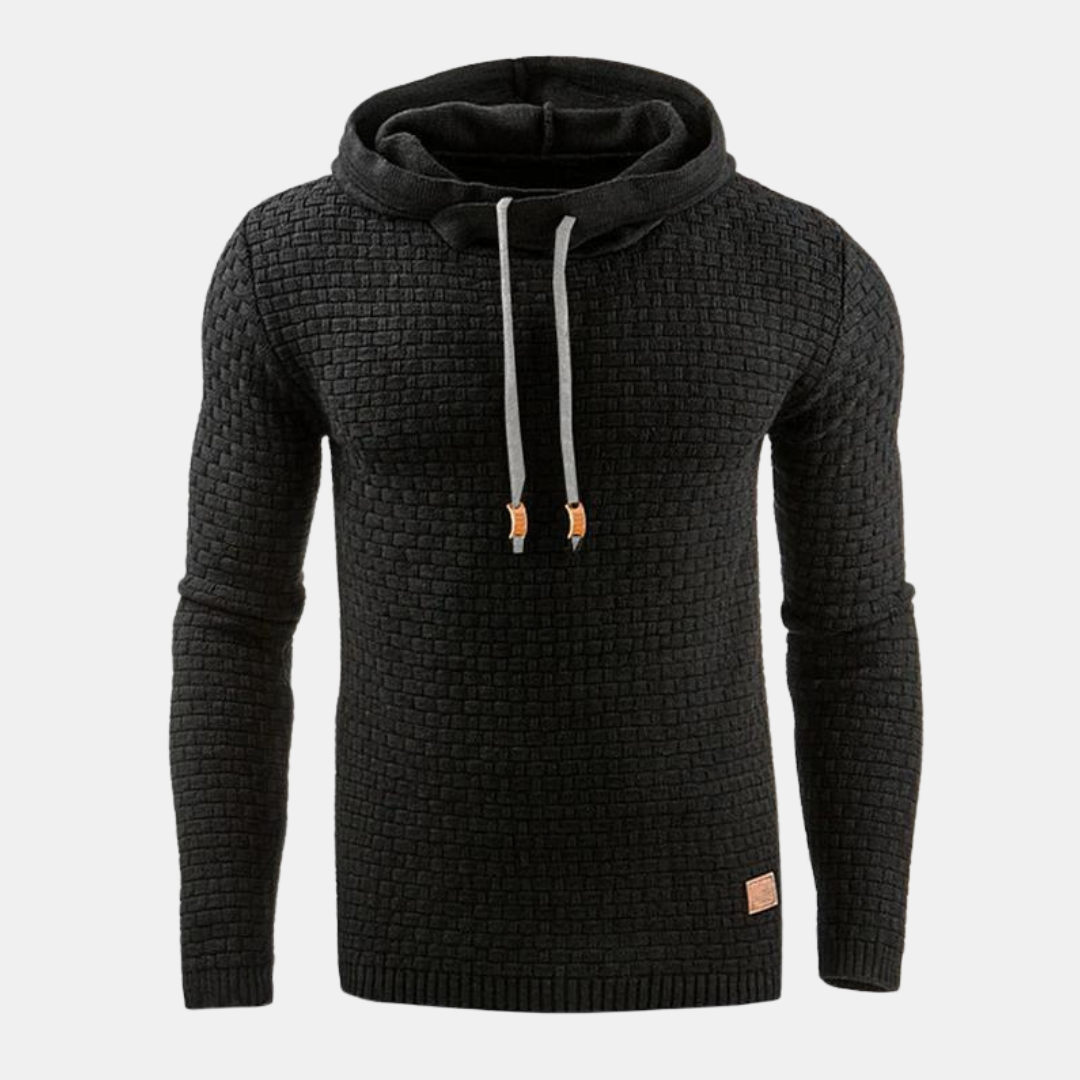 Bennett textured knit hooded sweater in black, front view