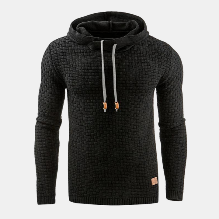 Bennett textured knit hooded sweater in black, front view