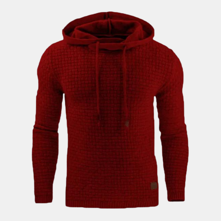 Bennett textured knit hooded sweater in red, front view