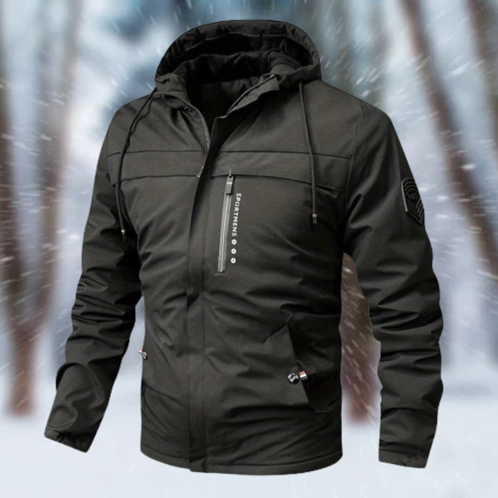 Callahan hooded waterproof winter jacket in black, front view