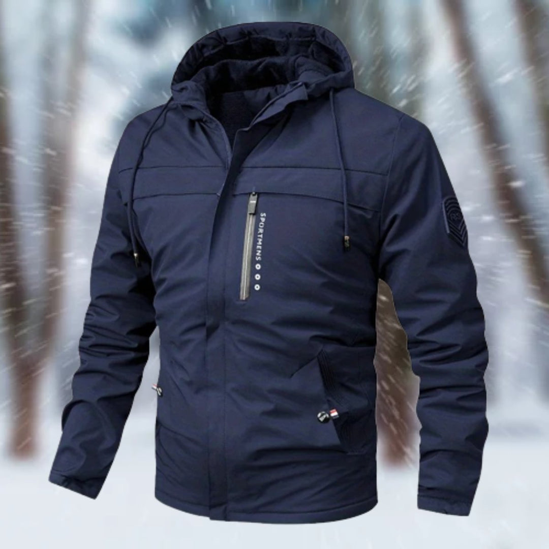 Callahan hooded waterproof winter jacket in navy, front view