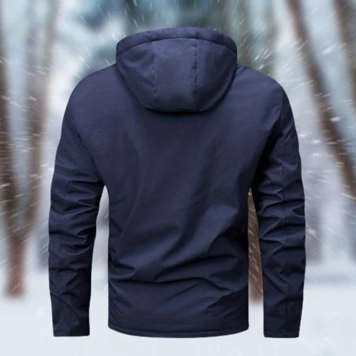 Callahan hooded waterproof winter jacket in navy, back view