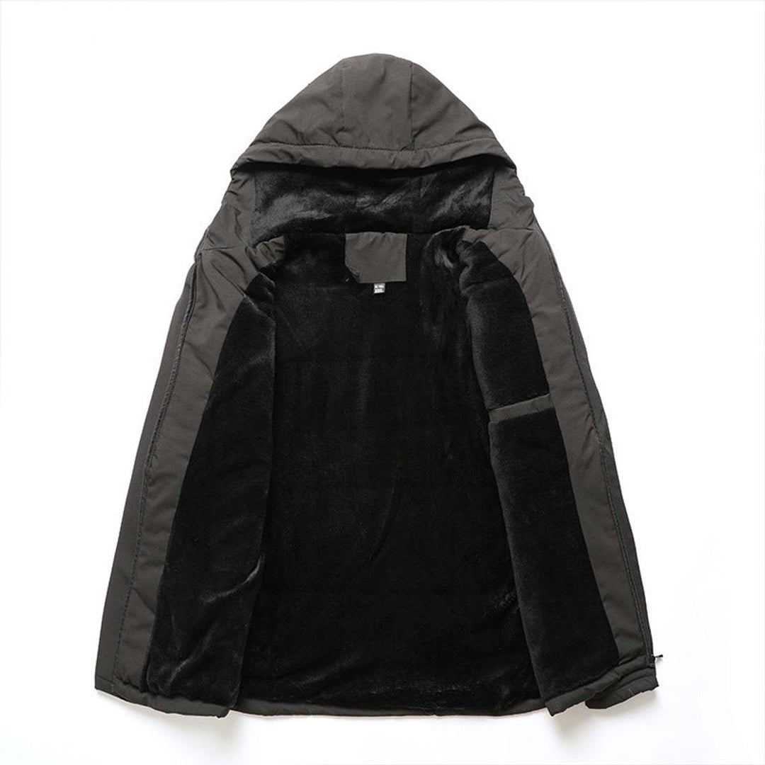 Callahan winter jacket fleece lining and hood detail, flat lay