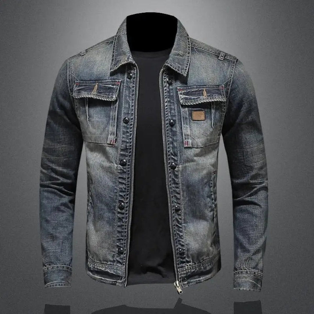 Callahan retro vintage denim jacket with front zip, worn view