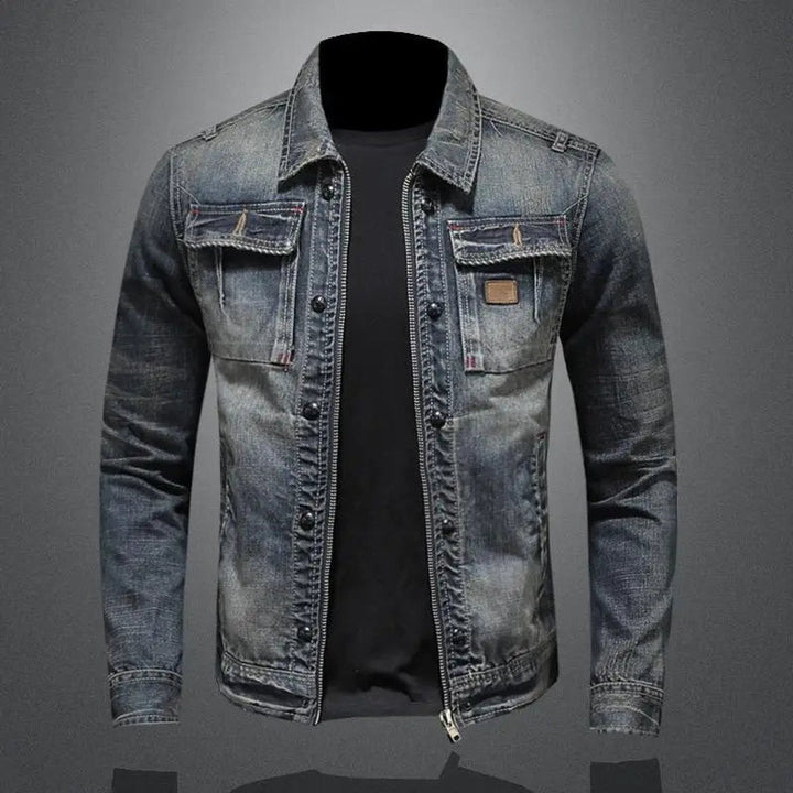 Callahan retro vintage denim jacket with front zip, worn view