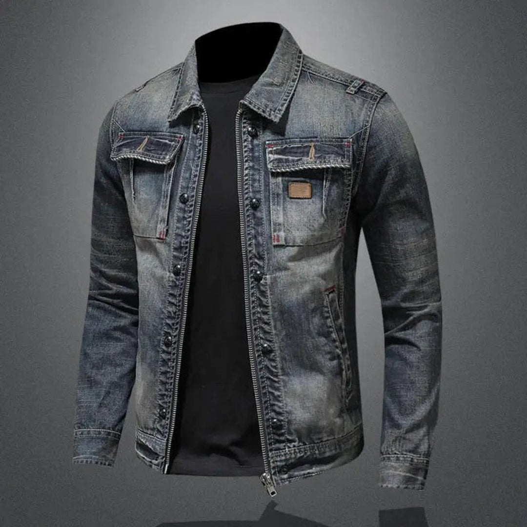 Callahan vintage wash denim jacket, front angled view